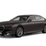 Dunkelgrauer BMW 7er Limousine, seitliche Ansicht, auf weißem Hintergrund.