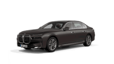 Dunkelgrauer BMW 7er Limousine, seitliche Ansicht, auf weißem Hintergrund.