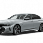 Silberner BMW 3er Limousine, seitliche Ansicht, grauer Hintergrund.