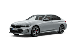 Silberner BMW 3er Limousine, seitliche Ansicht, grauer Hintergrund.