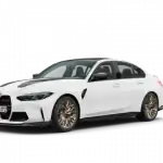 Weißer BMW 3er mit schwarzen Details, seitliche Ansicht, auf weißem Hintergrund.