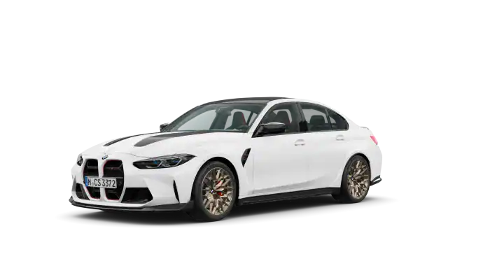 Weißer BMW 3er mit schwarzen Details, seitliche Ansicht, auf weißem Hintergrund.