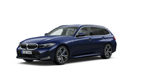 Blauer BMW 3er Touring vor weißem Hintergrund, seitliche Ansicht.