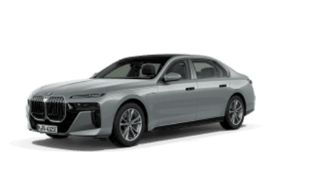 Silberne BMW Limousine, seitliche Ansicht, auf weißem Hintergrund.