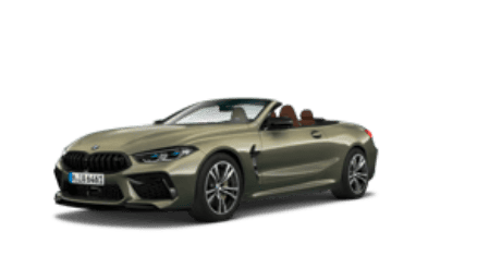 BMW 8er Cabrio in Olivgrün, schräg von vorne, auf transparentem Hintergrund.