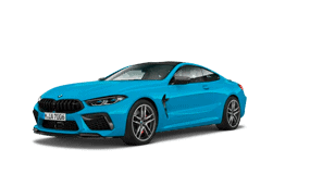 Blaues BMW 8er Coupé auf dunklem Hintergrund, seitliche Ansicht.