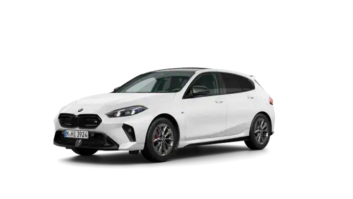 Weißer BMW 1er von der Seite, auf weißem Hintergrund.