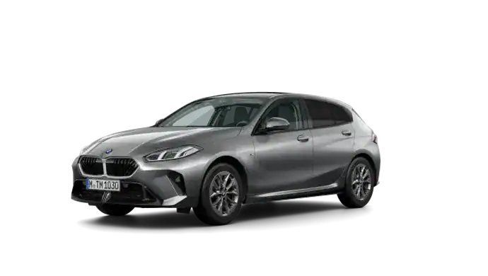 Silberner BMW 1er, Frontansicht, auf weißem Hintergrund.