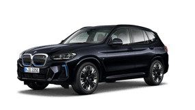 Schwarzer BMW iX3, seitliche Ansicht, auf weißem Hintergrund.