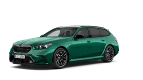 Grüner BMW Kombi auf weißem Hintergrund, Seitenansicht.