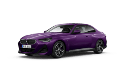 Lila BMW 2er Coupé, seitliche Ansicht, auf weißem Hintergrund.