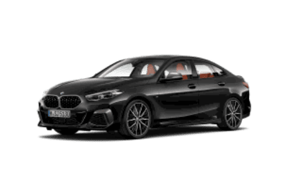 Schwarzes BMW 2er Gran Coupé, seitliche Ansicht, auf weißem Hintergrund.