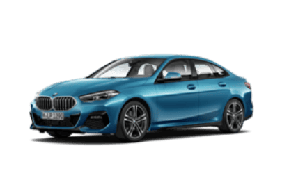 Blaues BMW 2er Gran Coupé vor weißem Hintergrund.