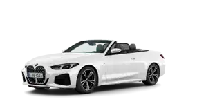 Weißes BMW 4er Cabrio von schräg vorne, Verdeck offen, auf weißem Hintergrund.