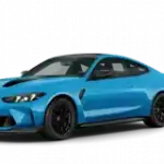 Blaues BMW 4er Coupé auf weißem Hintergrund, seitliche Ansicht von vorne links.