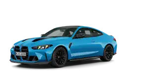 Blaues BMW 4er Coupé auf weißem Hintergrund, seitliche Ansicht von vorne links.