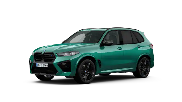 Grüner BMW X5M SUV vor schwarzem Hintergrund, seitliche Frontansicht.