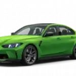 Grüne BMW Limousine, seitliche Ansicht, vor weißem Hintergrund.