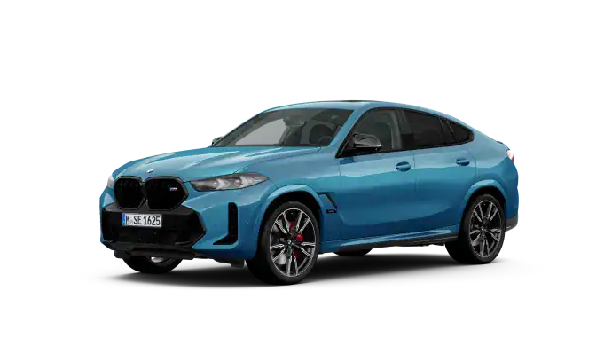 Blauer BMW X6 vor schwarzem Hintergrund, frontal seitlich von links.