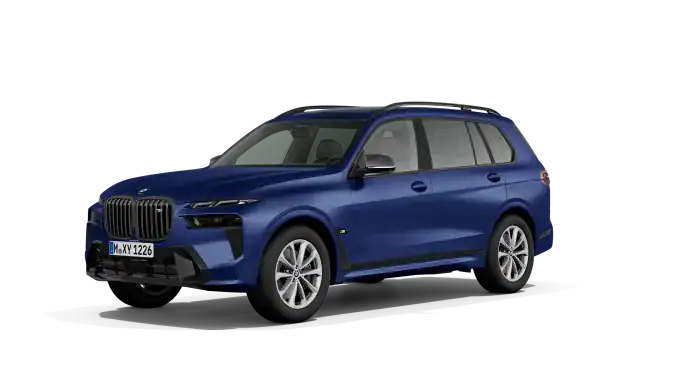 Blauer BMW X7 vor schwarzem Hintergrund, seitliche Ansicht, silberne Felgen.