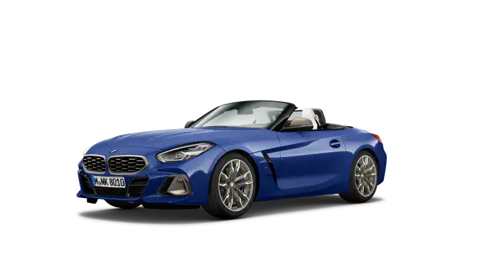 Blauer BMW Z4 M Roadster, Seitenansicht, auf weißem Hintergrund.